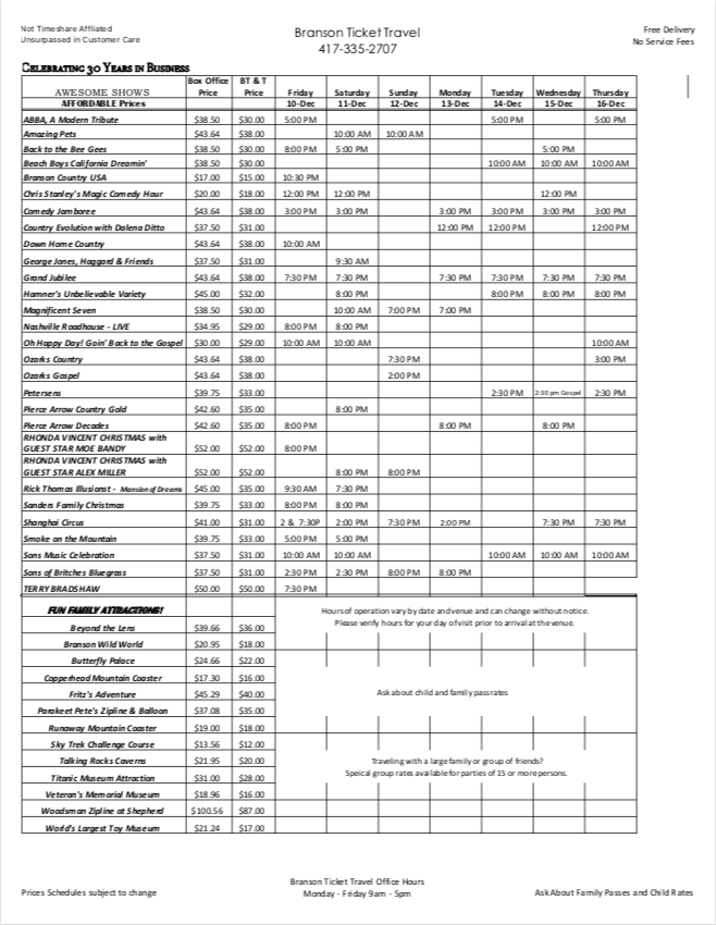 Branson Entertainment Calendar 2022 Calendar - Branson Ticket & Travel